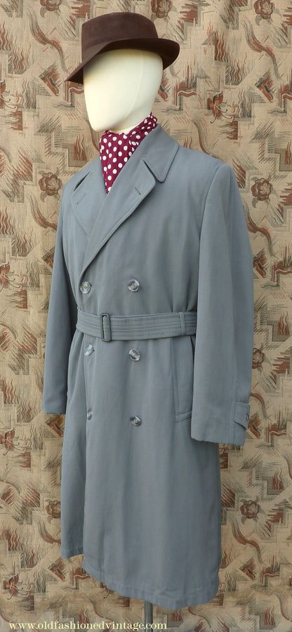 Vintage Mens 1940s 1950s Burton Trenchcoat Grey Gabardine Double Breasted Raincoat Mac