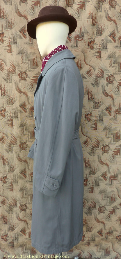 Vintage Mens 1940s 1950s Burton Trenchcoat Grey Gabardine Double Breasted Raincoat Mac