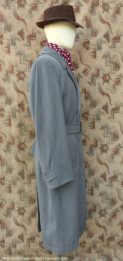 Vintage Mens 1940s 1950s Burton Trenchcoat Grey Gabardine Double Breasted Raincoat Mac