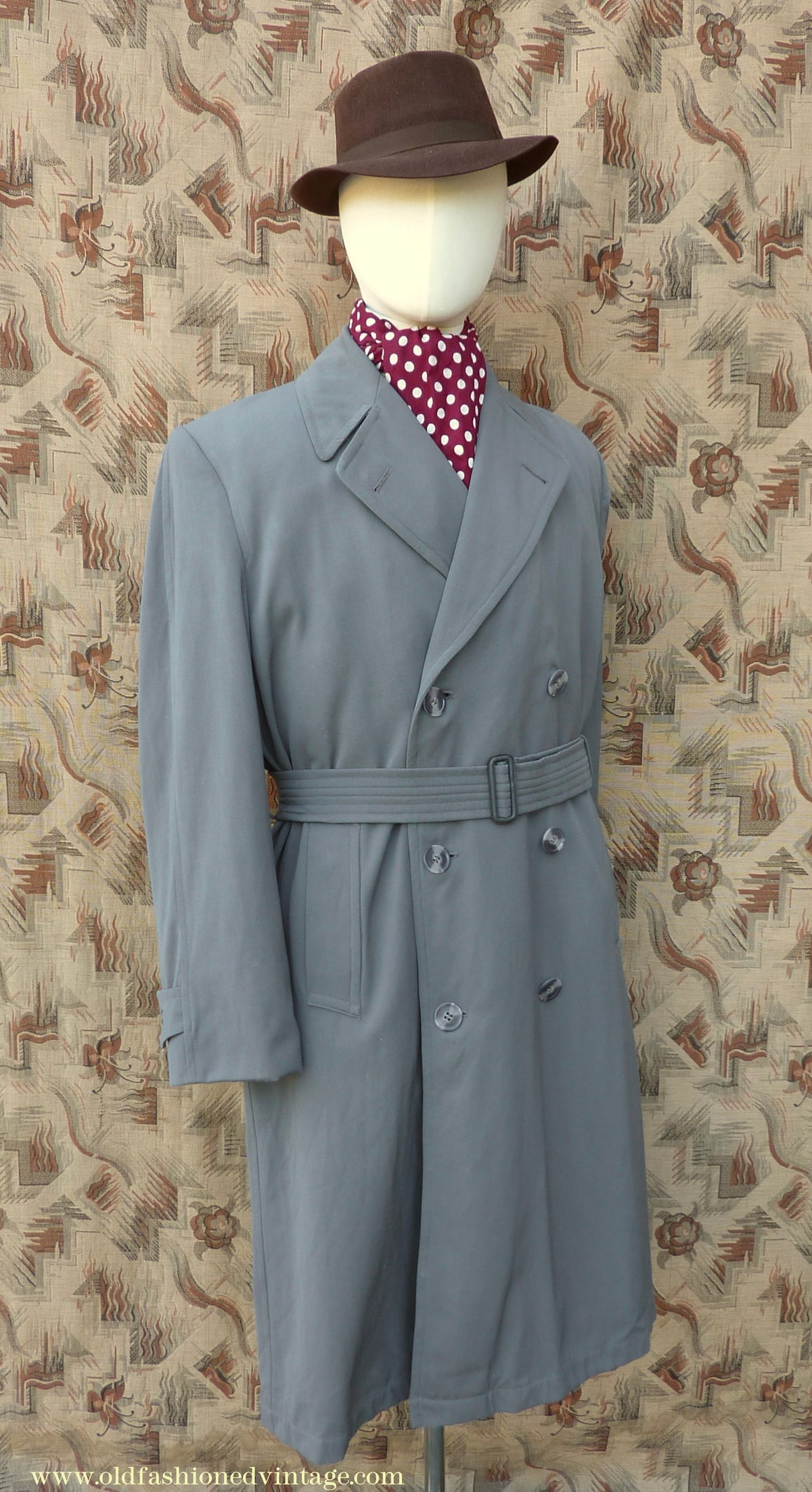 Vintage Mens 1940s 1950s Burton Trenchcoat Grey Gabardine Double Breasted Raincoat Mac