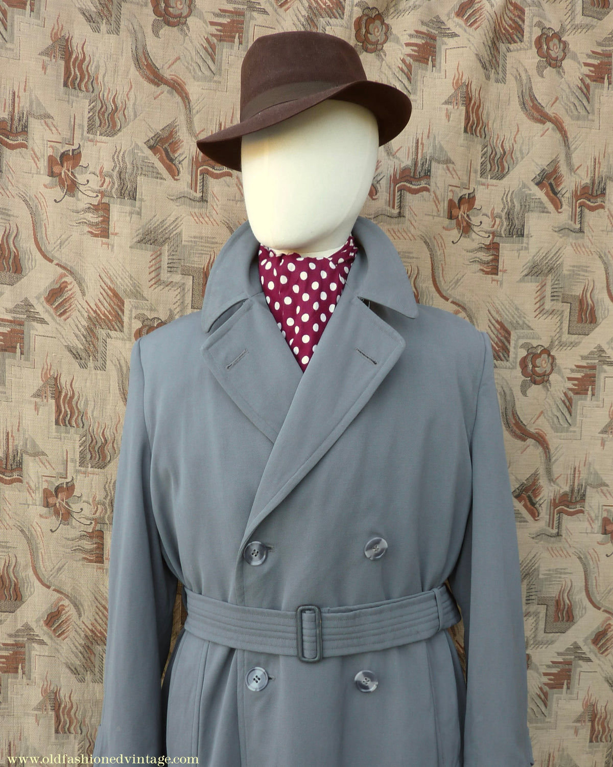 Vintage Mens 1940s 1950s Burton Trenchcoat Grey Gabardine Double Breasted Raincoat Mac