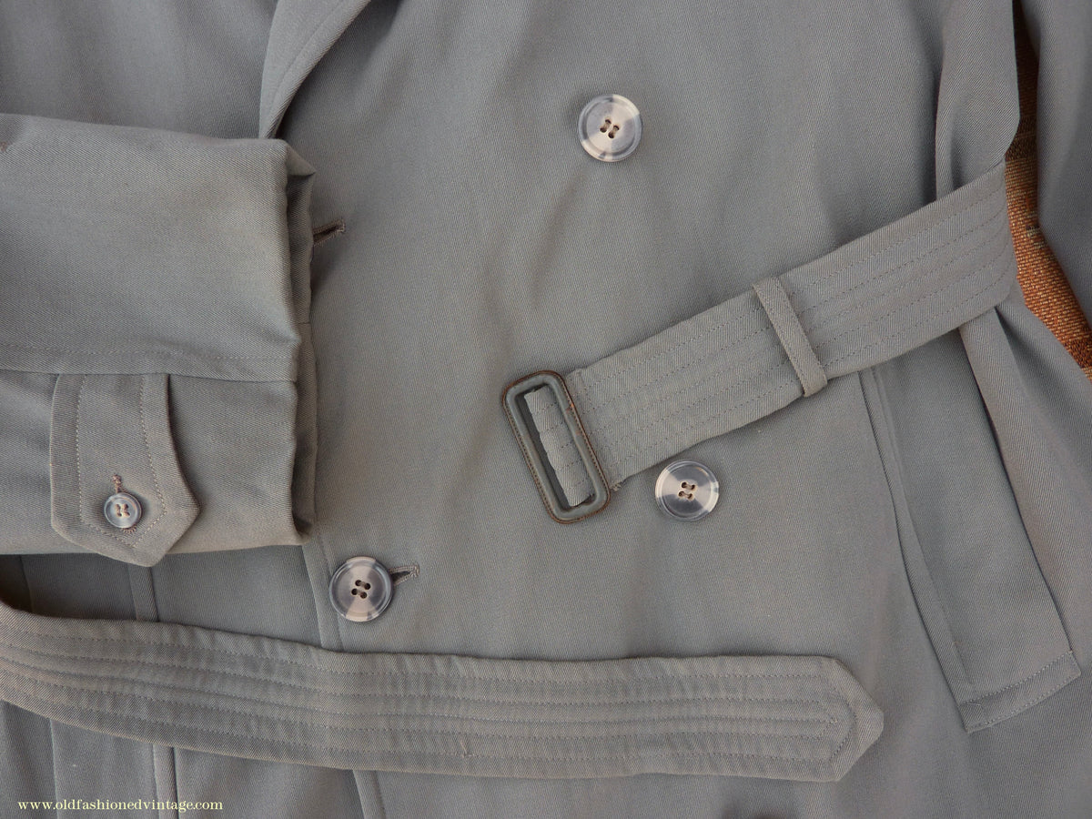Vintage Mens 1940s 1950s Burton Trenchcoat Grey Gabardine Double Breasted Raincoat Mac
