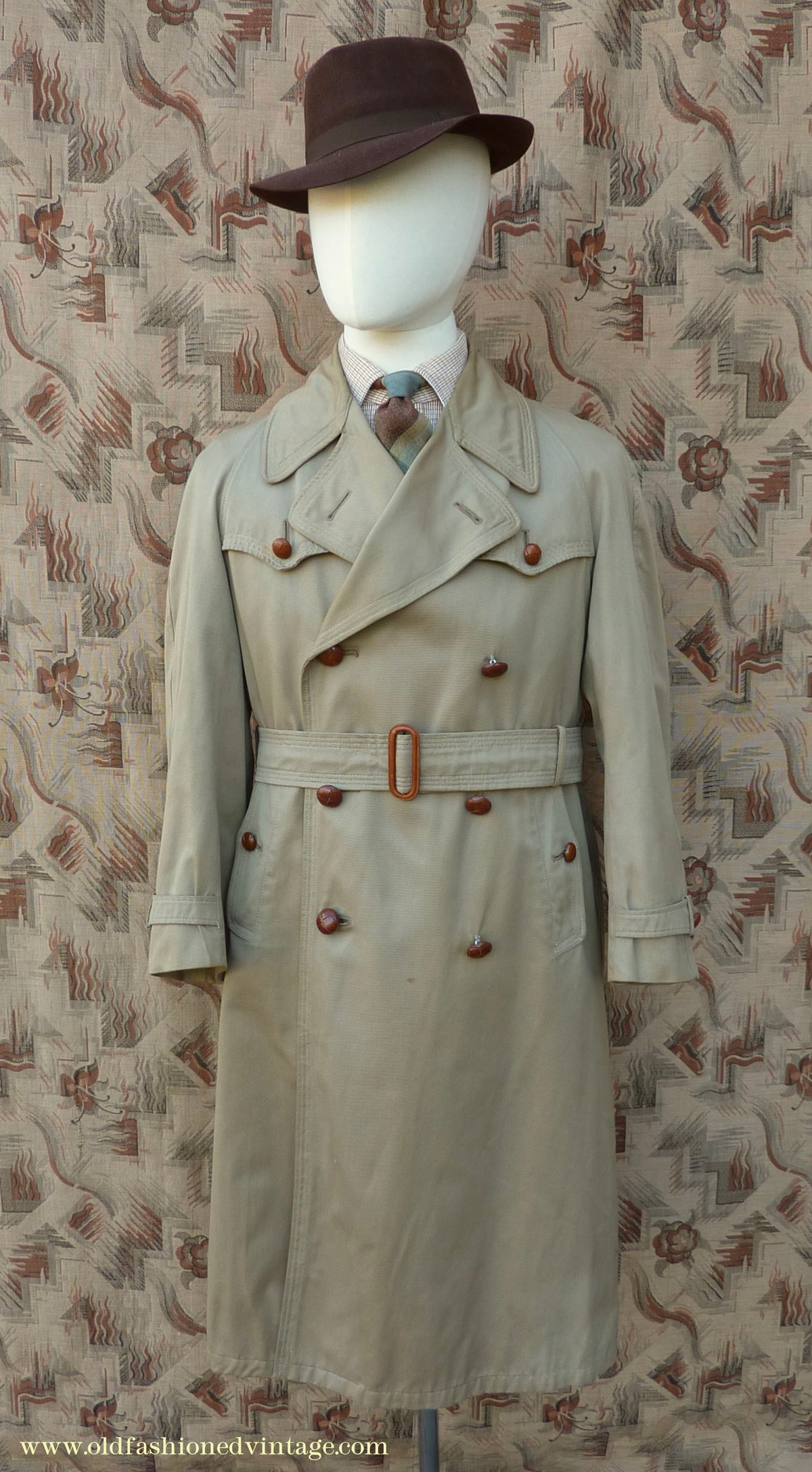 Vintage Youths / Mens 1940s Trench Coat Double Breasted Khaki Tan Raincoat Mac XS