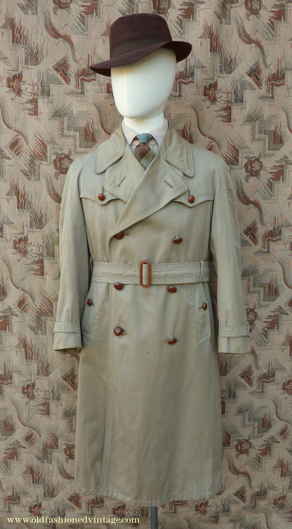 Vintage Youths / Mens 1940s Trench Coat Double Breasted Khaki Tan Raincoat Mac XS