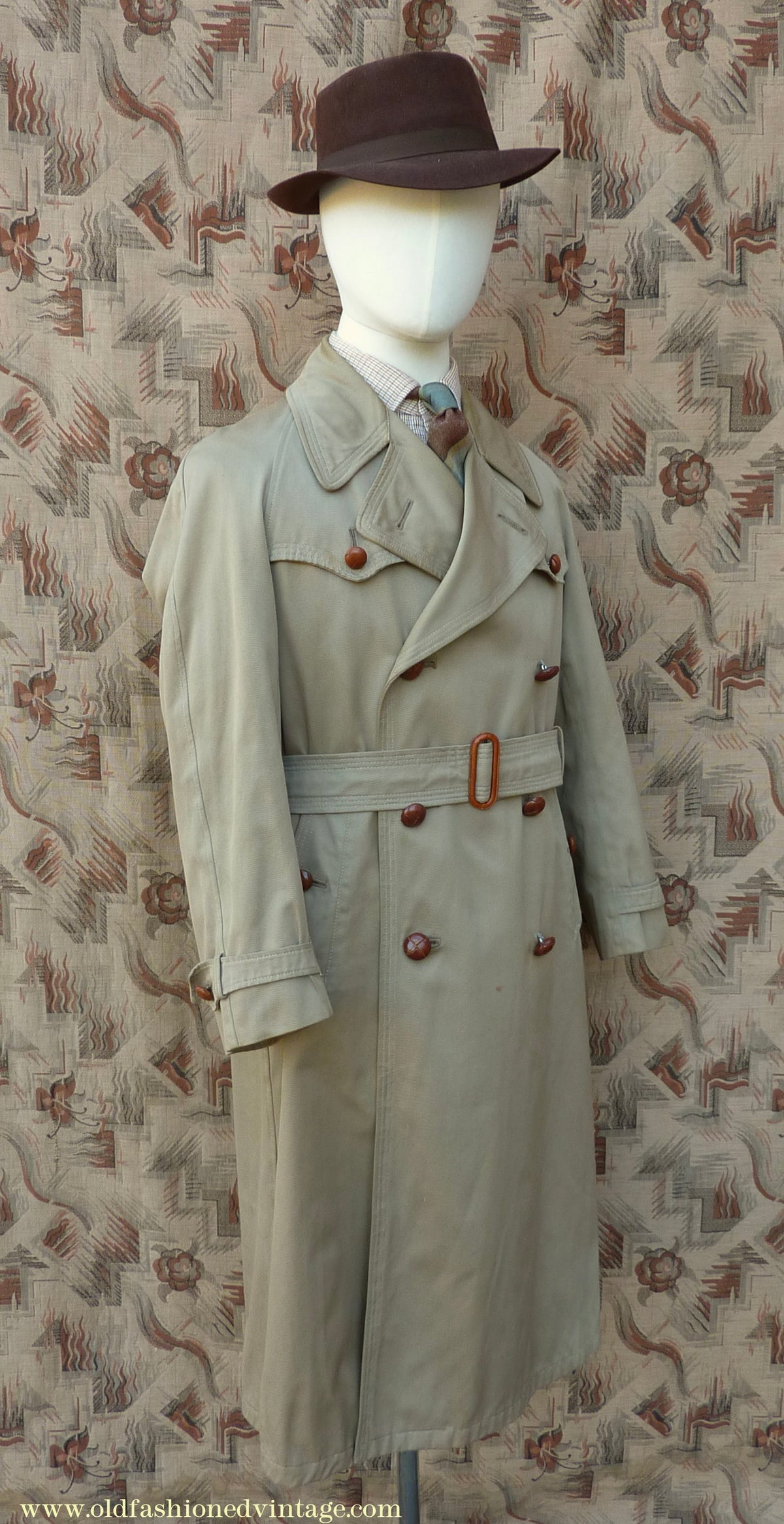 Vintage Youths / Mens 1940s Trench Coat Double Breasted Khaki Tan Raincoat Mac XS