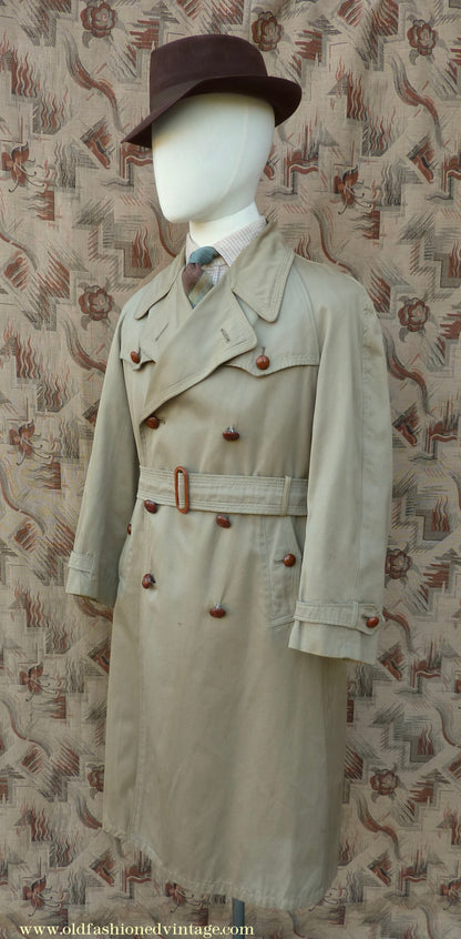 Vintage Youths / Mens 1940s Trench Coat Double Breasted Khaki Tan Raincoat Mac XS