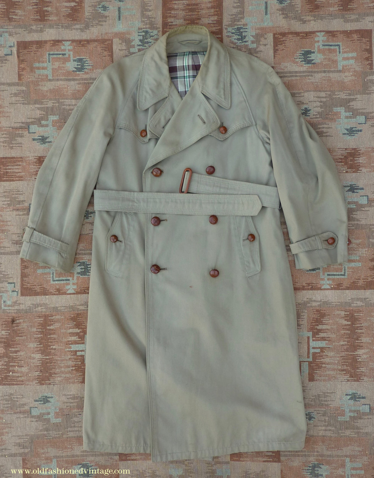 Vintage Youths / Mens 1940s Trench Coat Double Breasted Khaki Tan Raincoat Mac XS