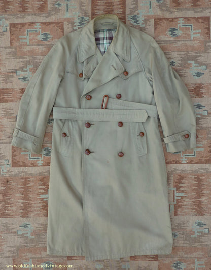 Vintage Youths / Mens 1940s Trench Coat Double Breasted Khaki Tan Raincoat Mac XS