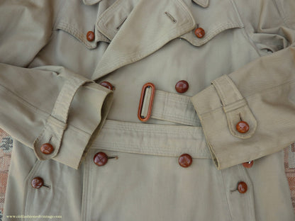 Vintage Youths / Mens 1940s Trench Coat Double Breasted Khaki Tan Raincoat Mac XS