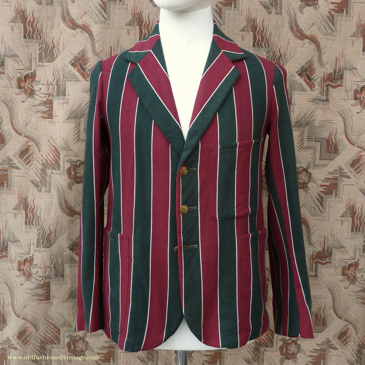 Vintage Mens Youths 1930s Striped Boating Blazer College Varsity Sports Jacket Green Burgundy Wool 36"