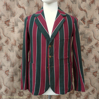 Vintage Mens Youths 1930s Striped Boating Blazer College Varsity Sports Jacket Green Burgundy Wool 36"