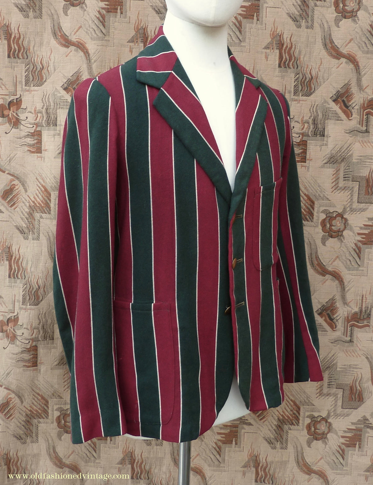Vintage Mens Youths 1930s Striped Boating Blazer College Varsity Sports Jacket Green Burgundy Wool 36"
