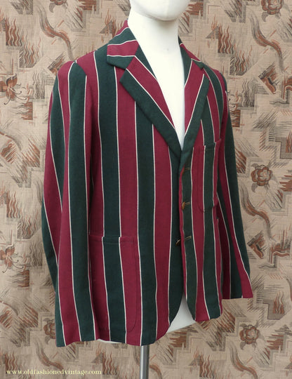 Vintage Mens Youths 1930s Striped Boating Blazer College Varsity Sports Jacket Green Burgundy Wool 36"