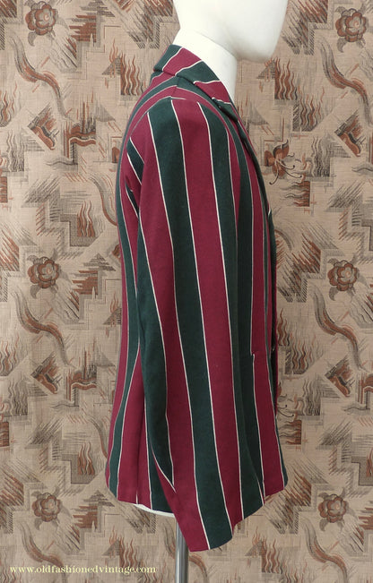 Vintage Mens Youths 1930s Striped Boating Blazer College Varsity Sports Jacket Green Burgundy Wool 36"