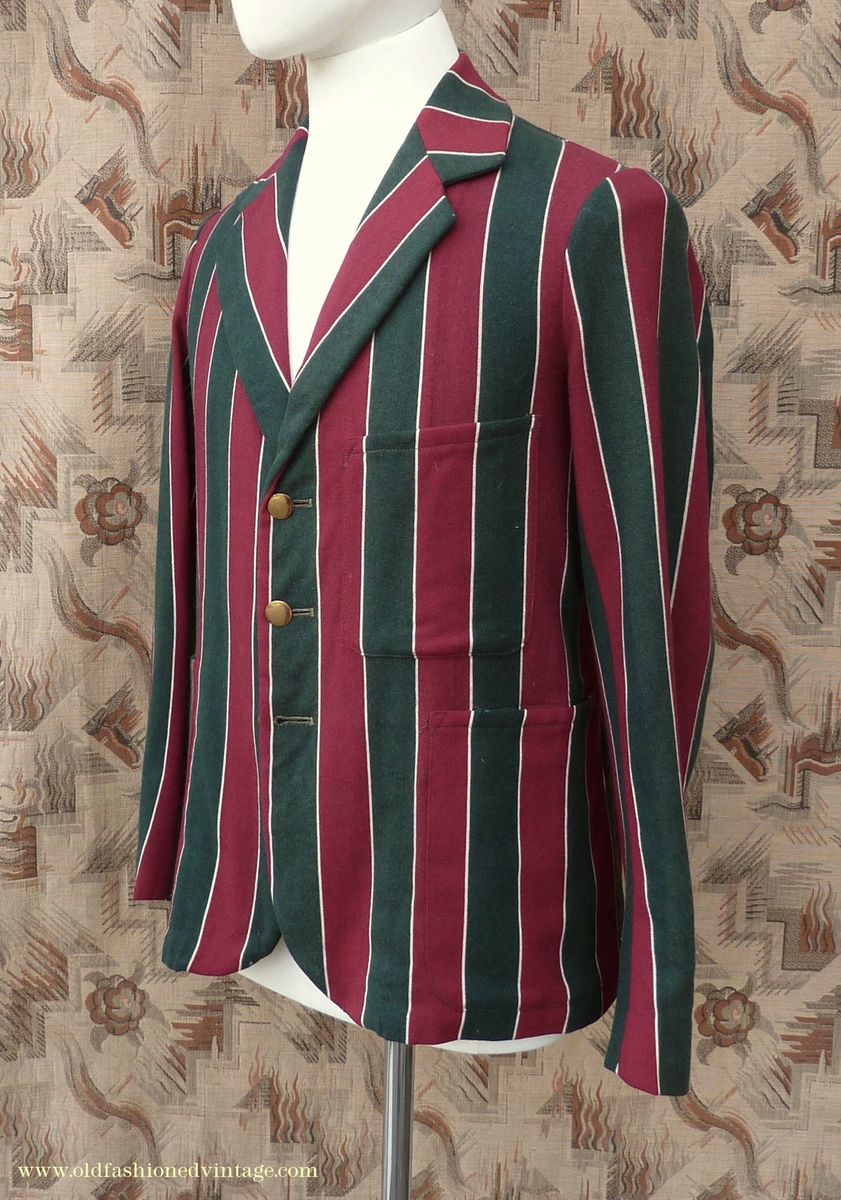 Vintage Mens Youths 1930s Striped Boating Blazer College Varsity Sports Jacket Green Burgundy Wool 36"