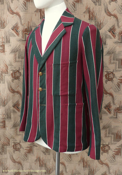 Vintage Mens Youths 1930s Striped Boating Blazer College Varsity Sports Jacket Green Burgundy Wool 36"