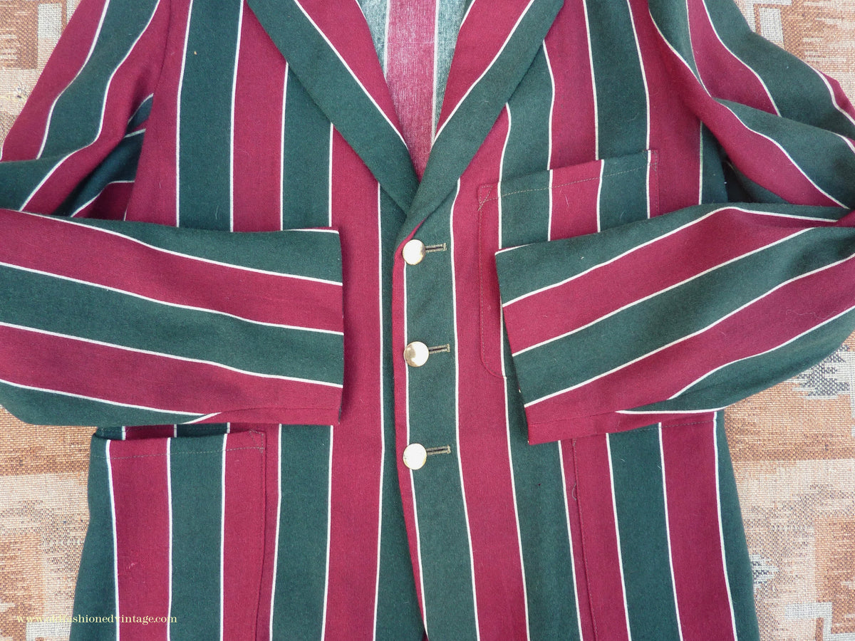 Vintage Mens Youths 1930s Striped Boating Blazer College Varsity Sports Jacket Green Burgundy Wool 36"