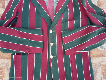 Vintage Mens Youths 1930s Striped Boating Blazer College Varsity Sports Jacket Green Burgundy Wool 36"