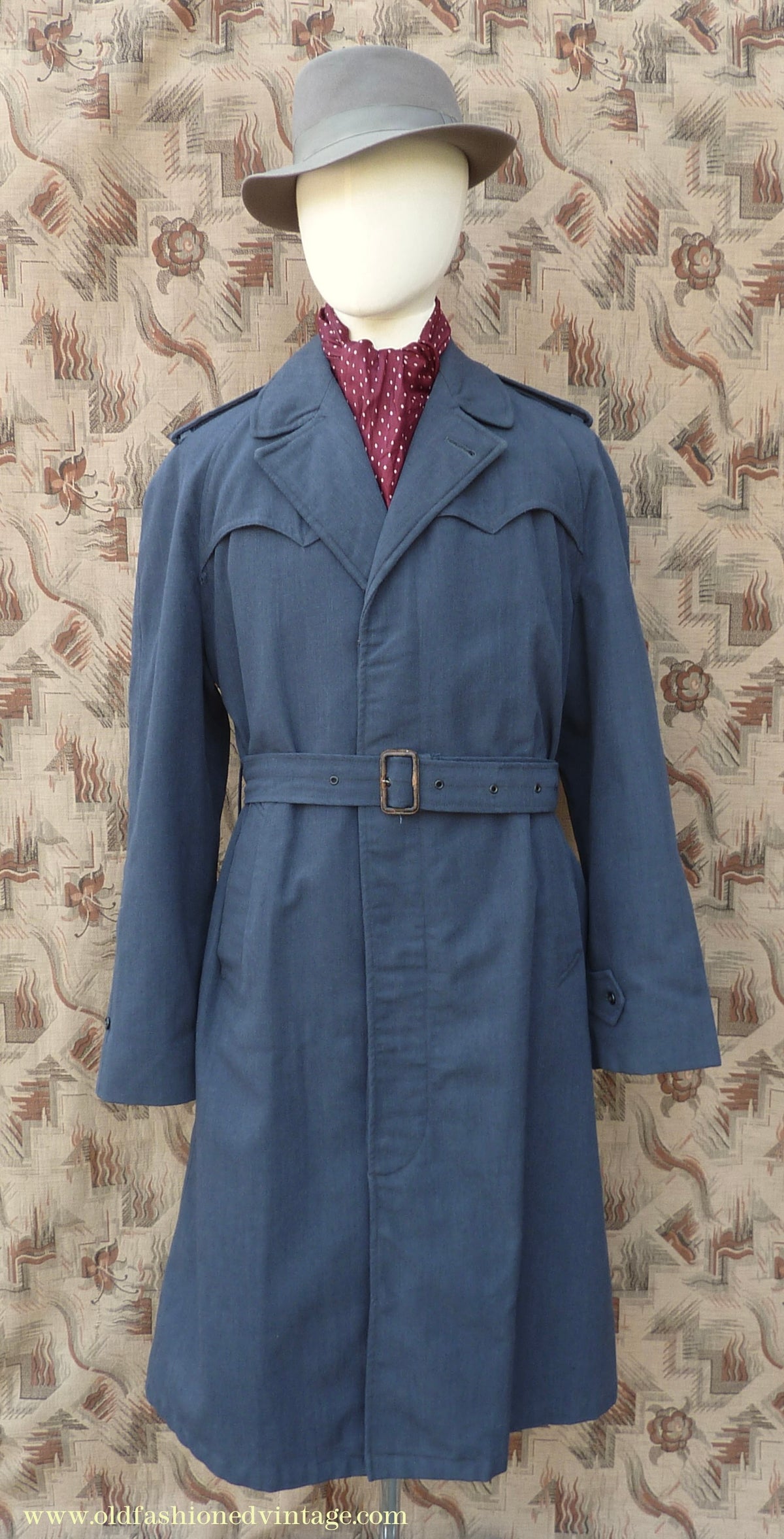 Vintage Mens 1960s Single Breasted Belted Raglan Raincoat Air Force Blue Trench Coat Mac M L