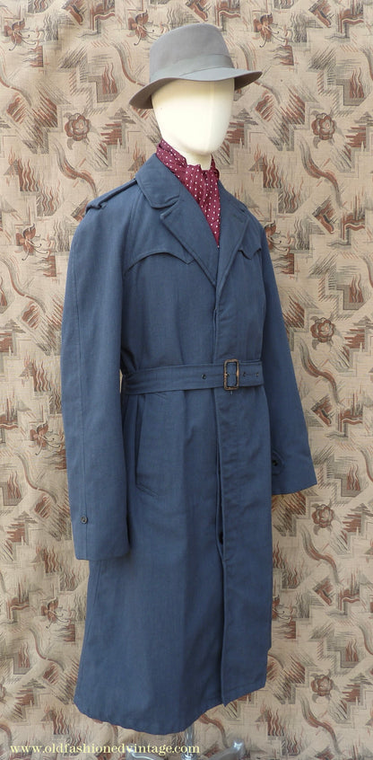 Vintage Mens 1960s Single Breasted Belted Raglan Raincoat Air Force Blue Trench Coat Mac M L