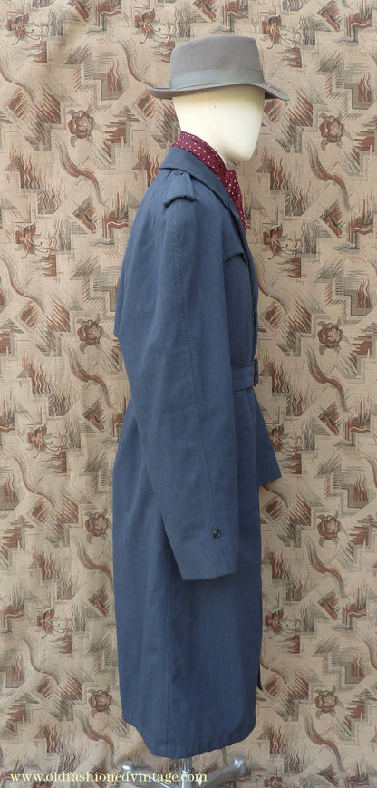 Vintage Mens 1960s Single Breasted Belted Raglan Raincoat Air Force Blue Trench Coat Mac M L