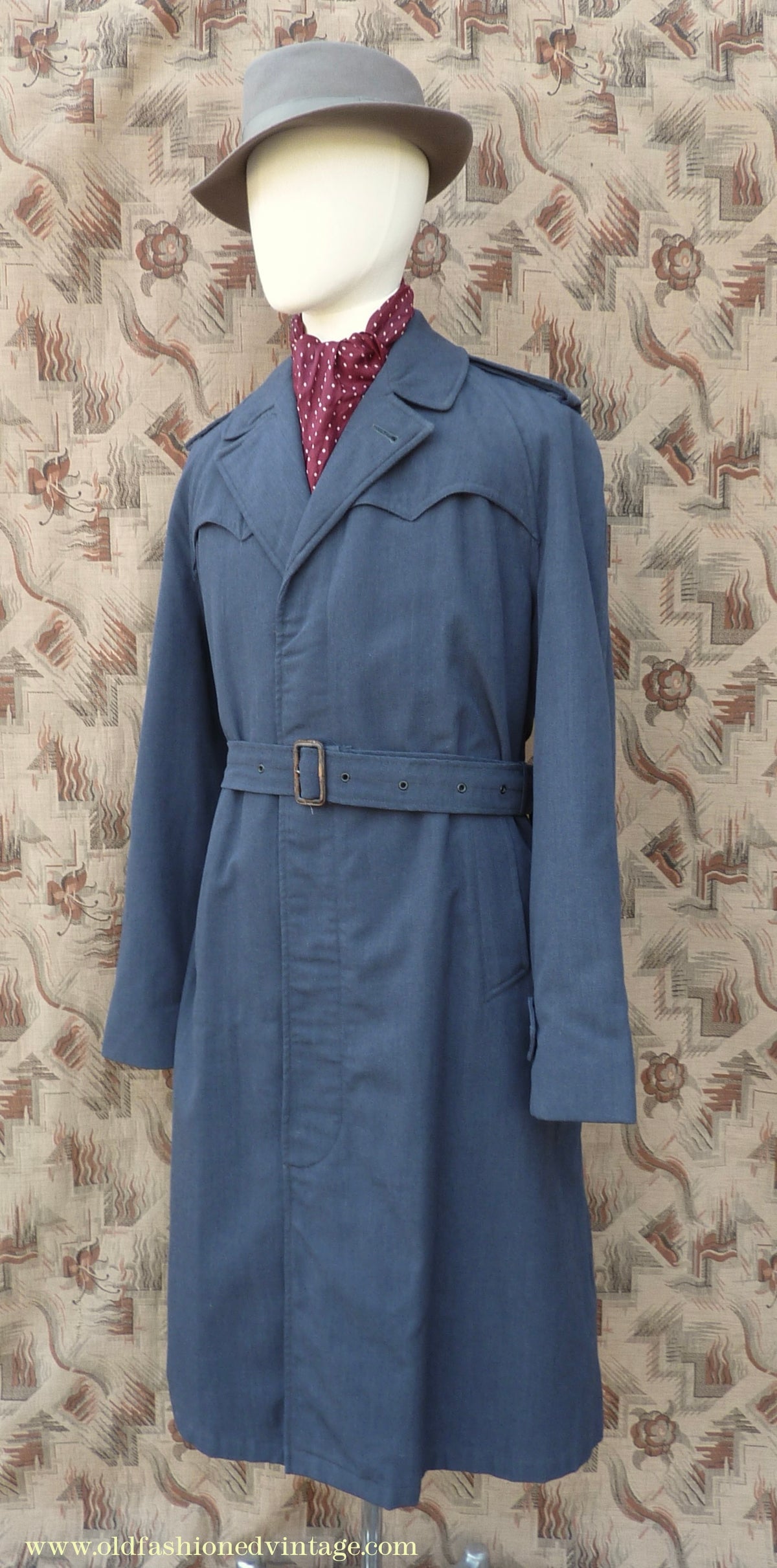 Vintage Mens 1960s Single Breasted Belted Raglan Raincoat Air Force Blue Trench Coat Mac M L