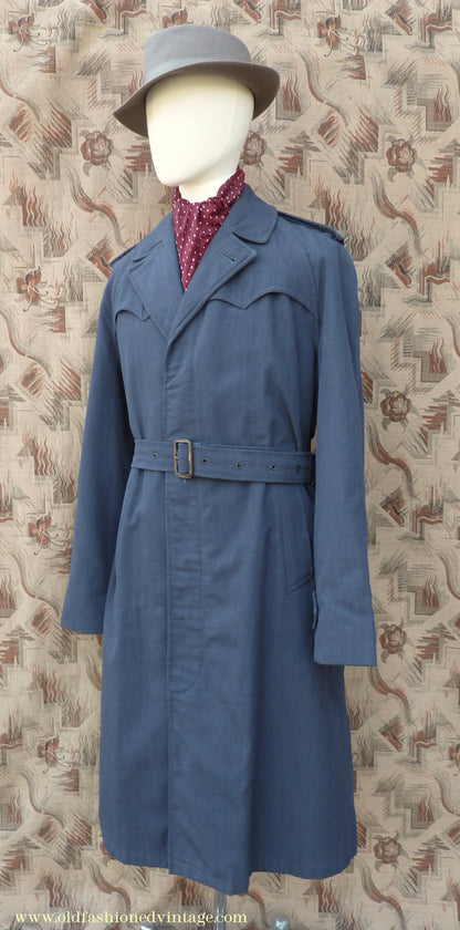 Vintage Mens 1960s Single Breasted Belted Raglan Raincoat Air Force Blue Trench Coat Mac M L
