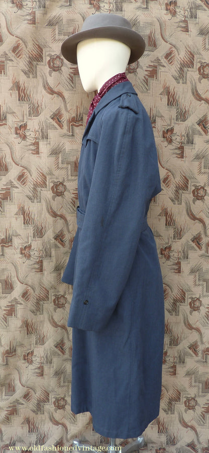Vintage Mens 1960s Single Breasted Belted Raglan Raincoat Air Force Blue Trench Coat Mac M L