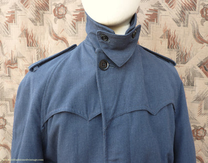 Vintage Mens 1960s Single Breasted Belted Raglan Raincoat Air Force Blue Trench Coat Mac M L