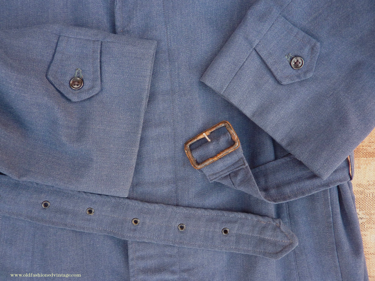 Vintage Mens 1960s Single Breasted Belted Raglan Raincoat Air Force Blue Trench Coat Mac M L