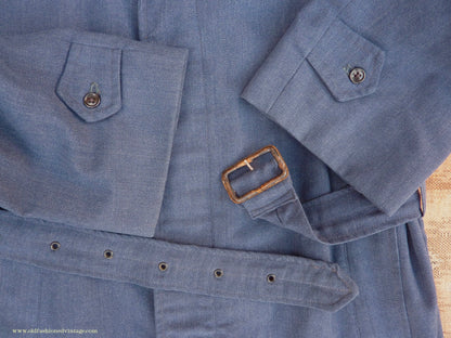 Vintage Mens 1960s Single Breasted Belted Raglan Raincoat Air Force Blue Trench Coat Mac M L