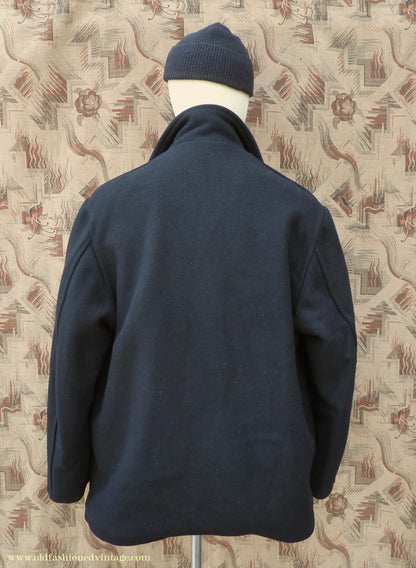 Vintage Mens 1950s 1960s Donkey Jacket Work Coat Black Wool Workwear L / XL