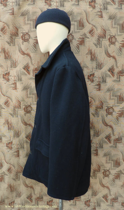Vintage Mens 1950s 1960s Donkey Jacket Work Coat Black Wool Workwear L / XL