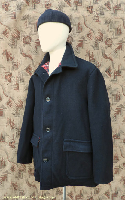 Vintage Mens 1950s 1960s Donkey Jacket Work Coat Black Wool Workwear L / XL