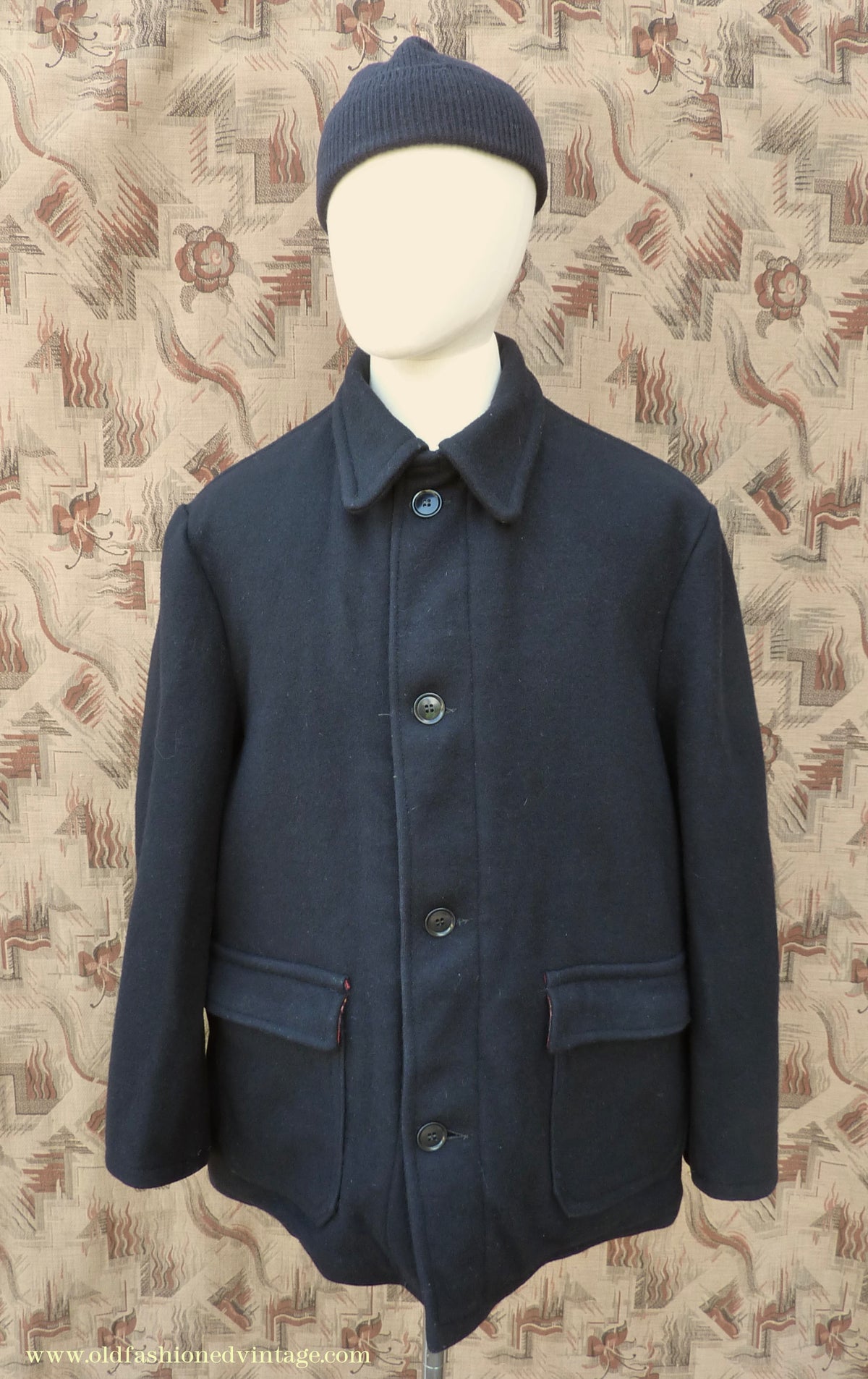 Vintage Mens 1950s 1960s Donkey Jacket Work Coat Black Wool Workwear L / XL