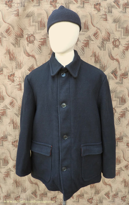 Vintage Mens 1950s 1960s Donkey Jacket Work Coat Black Wool Workwear L / XL
