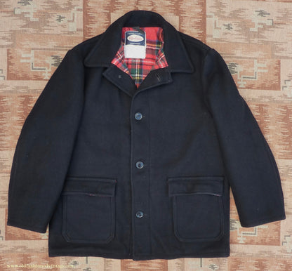 Vintage Mens 1950s 1960s Donkey Jacket Work Coat Black Wool Workwear L / XL