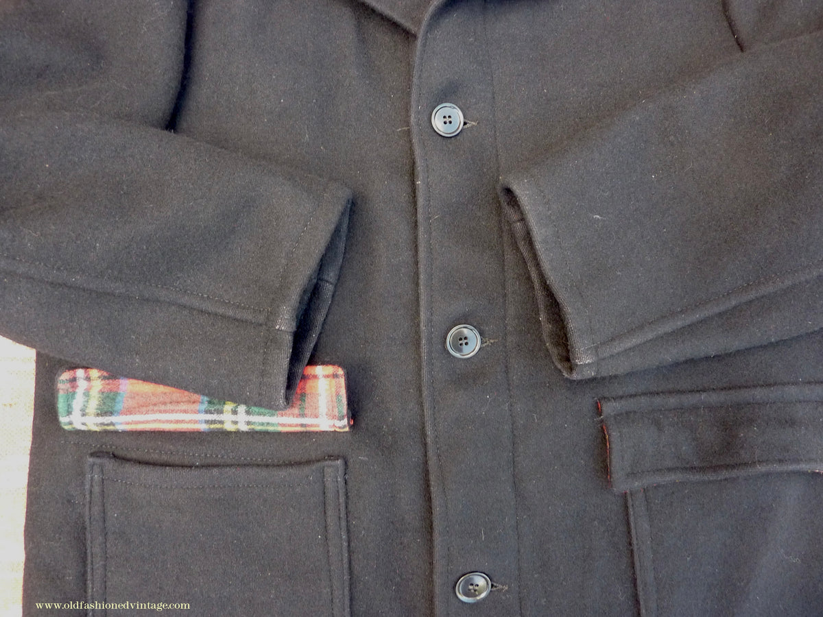 Vintage Mens 1950s 1960s Donkey Jacket Work Coat Black Wool Workwear L / XL