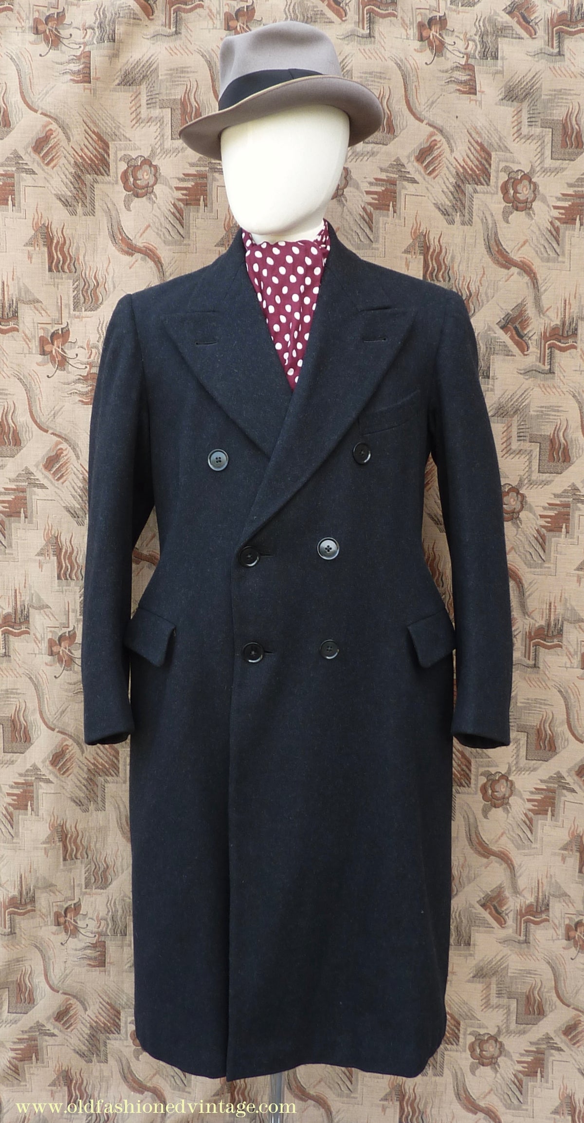 Vintage Mens 1940s Double Breasted Chesterfield Overcoat Dark Grey Black Wool DB 36"/38"