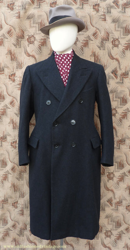 Vintage Mens 1940s Double Breasted Chesterfield Overcoat Dark Grey Black Wool DB 36"/38"