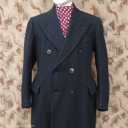 Vintage Mens 1940s Double Breasted Chesterfield Overcoat Dark Grey Black Wool DB 36"/38"