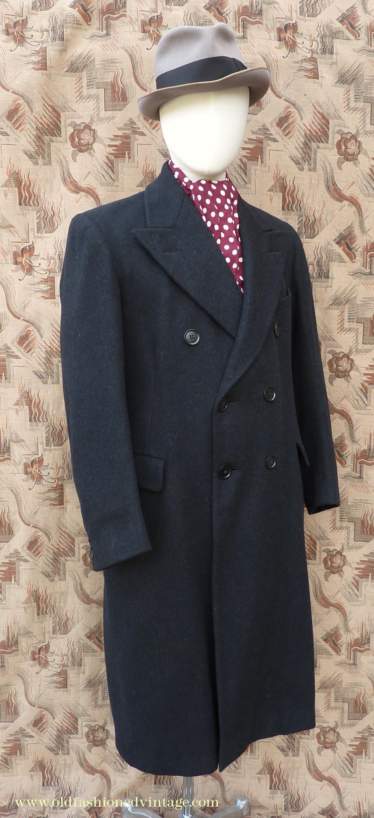 Vintage Mens 1940s Double Breasted Chesterfield Overcoat Dark Grey Black Wool DB 36"/38"