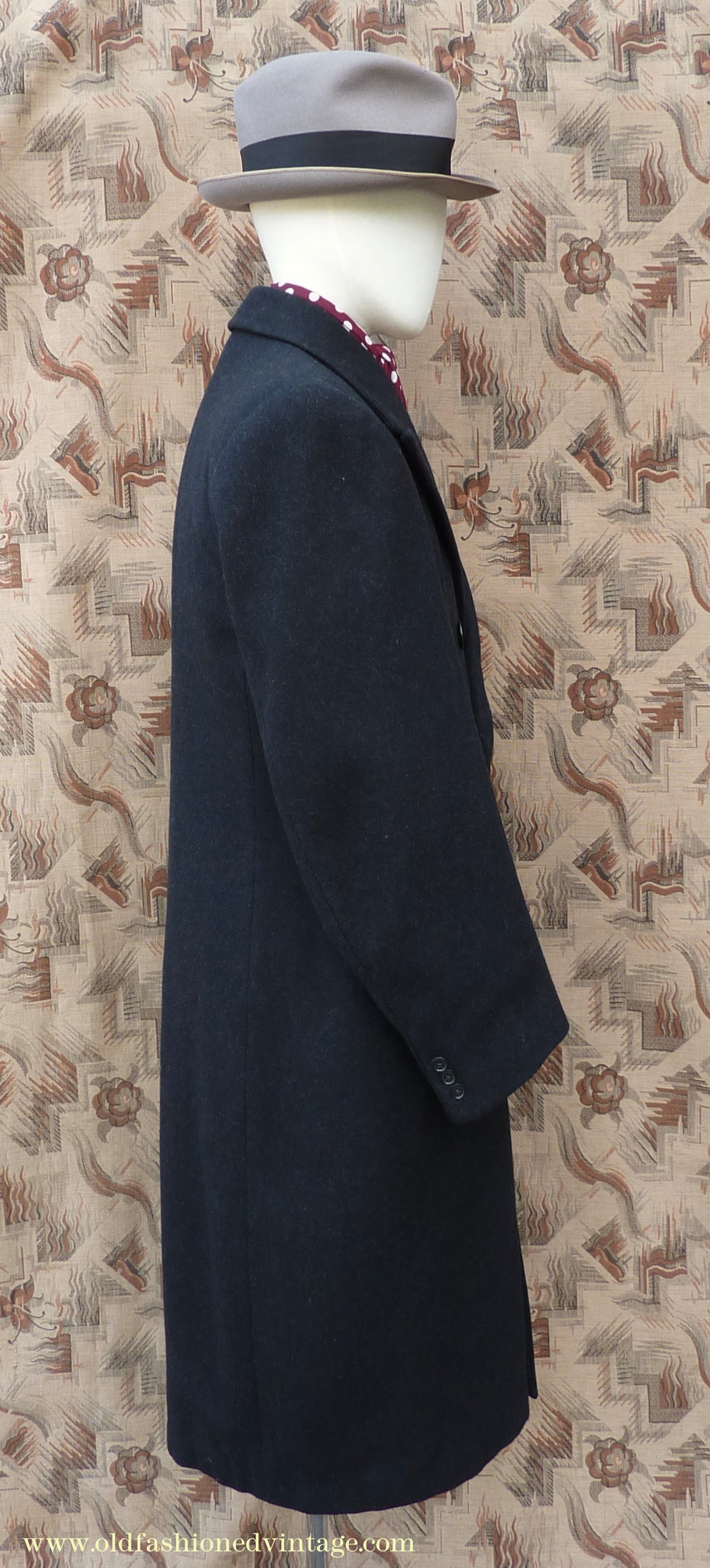 Vintage Mens 1940s Double Breasted Chesterfield Overcoat Dark Grey Black Wool DB 36"/38"