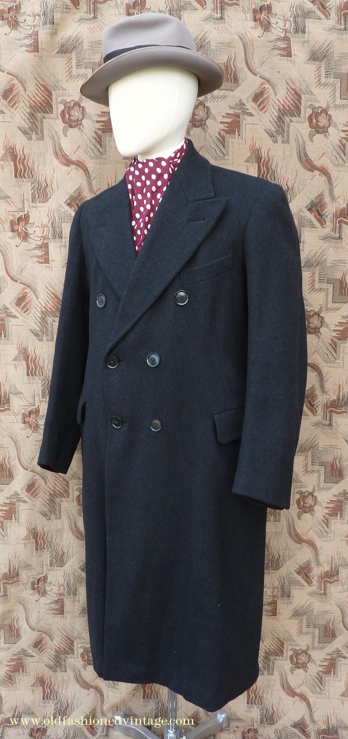 Vintage Mens 1940s Double Breasted Chesterfield Overcoat Dark Grey Black Wool DB 36"/38"