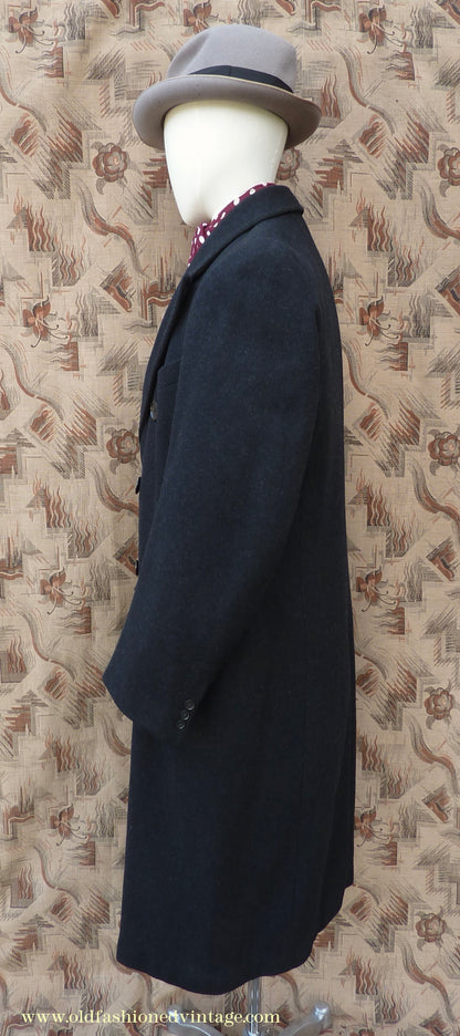 Vintage Mens 1940s Double Breasted Chesterfield Overcoat Dark Grey Black Wool DB 36"/38"