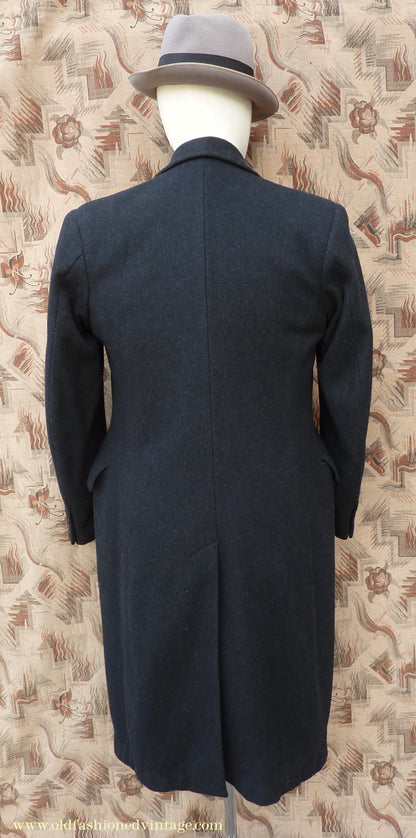 Vintage Mens 1940s Double Breasted Chesterfield Overcoat Dark Grey Black Wool DB 36"/38"