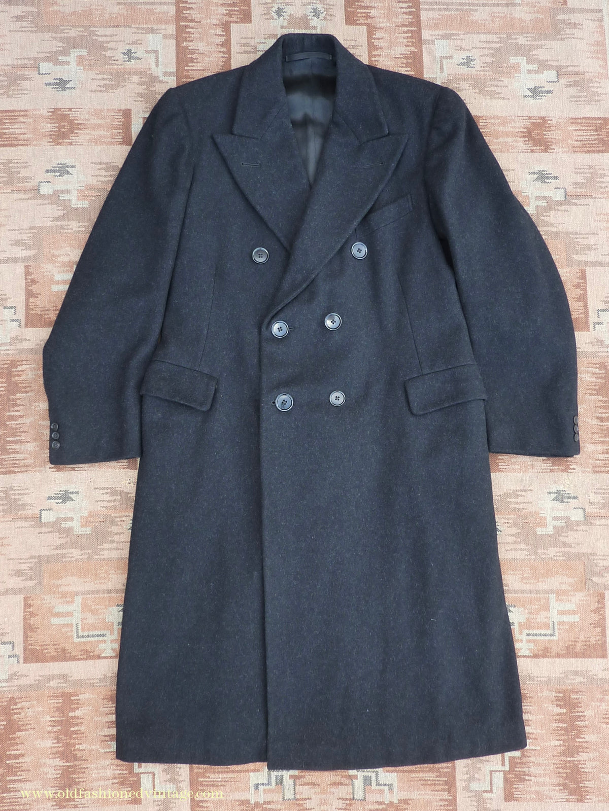 Vintage Mens 1940s Double Breasted Chesterfield Overcoat Dark Grey Black Wool DB 36"/38"