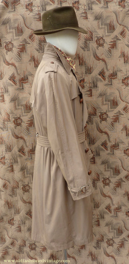 Vintage Mens 1940s 1950s Moss Bros Trench Coat Khaki Double Breasted Raincoat Mac L