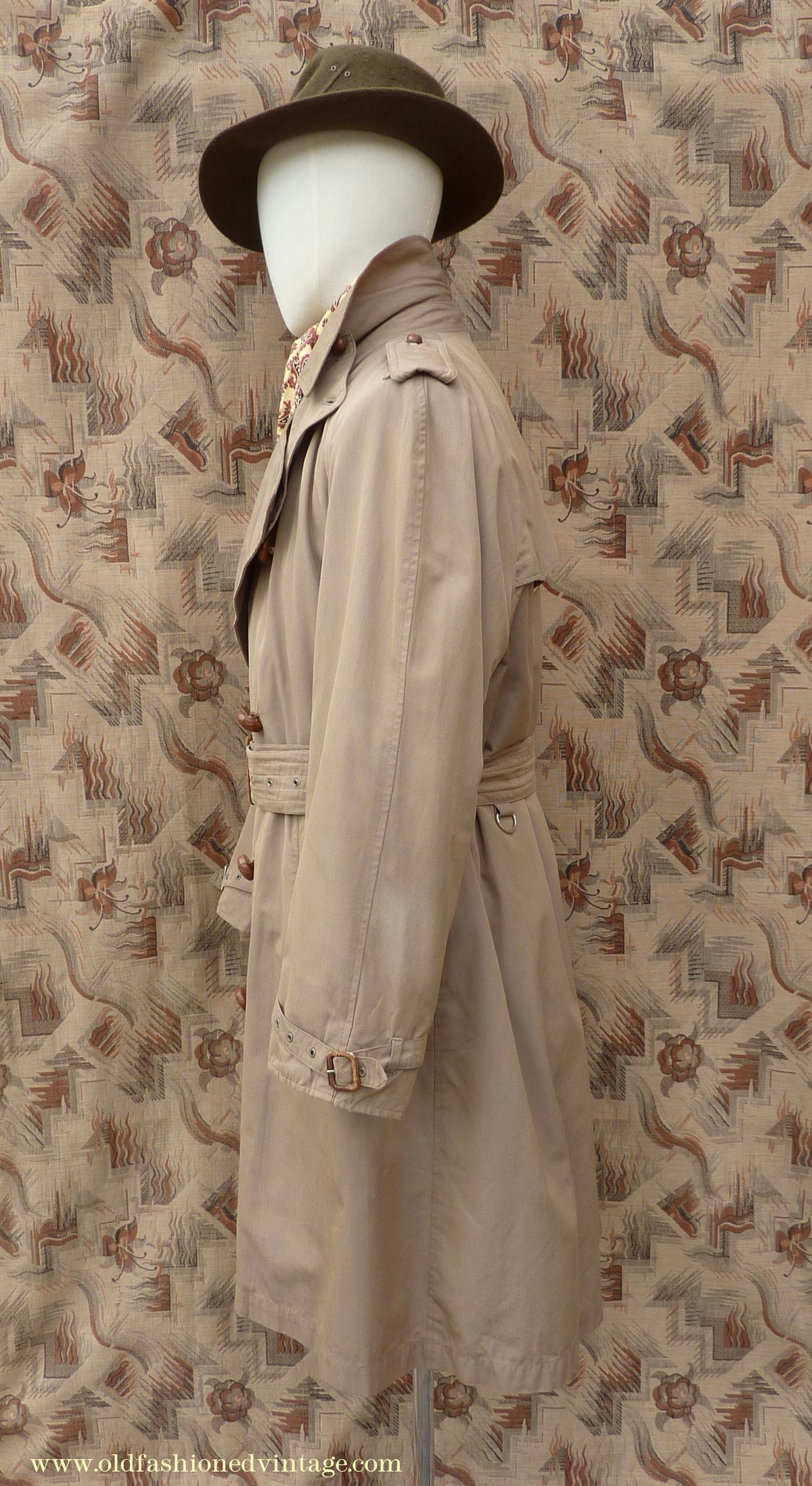 Vintage Mens 1940s 1950s Moss Bros Trench Coat Khaki Double Breasted Raincoat Mac L