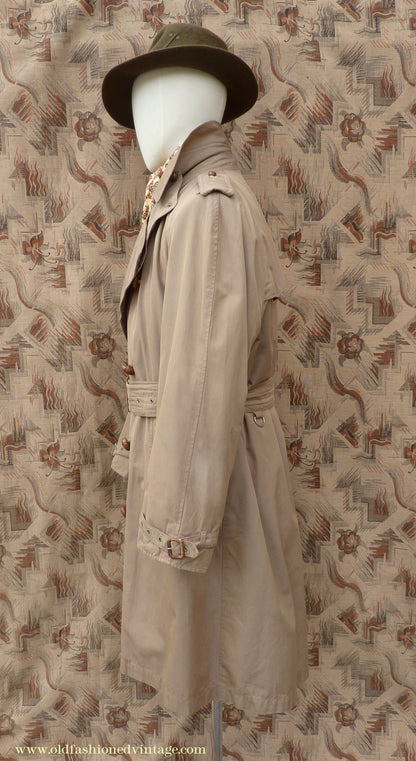 Vintage Mens 1940s 1950s Moss Bros Trench Coat Khaki Double Breasted Raincoat Mac L